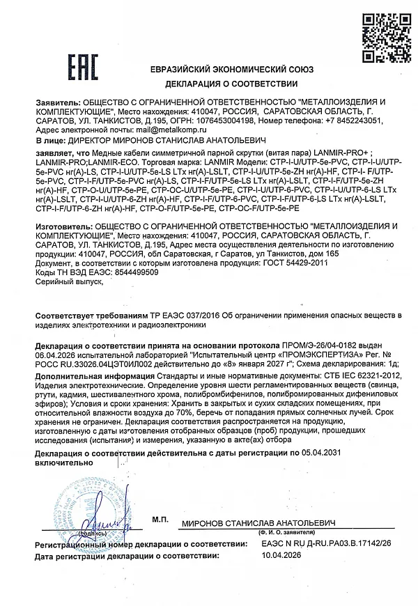 Декларация соответствия Витая пара LANMIR