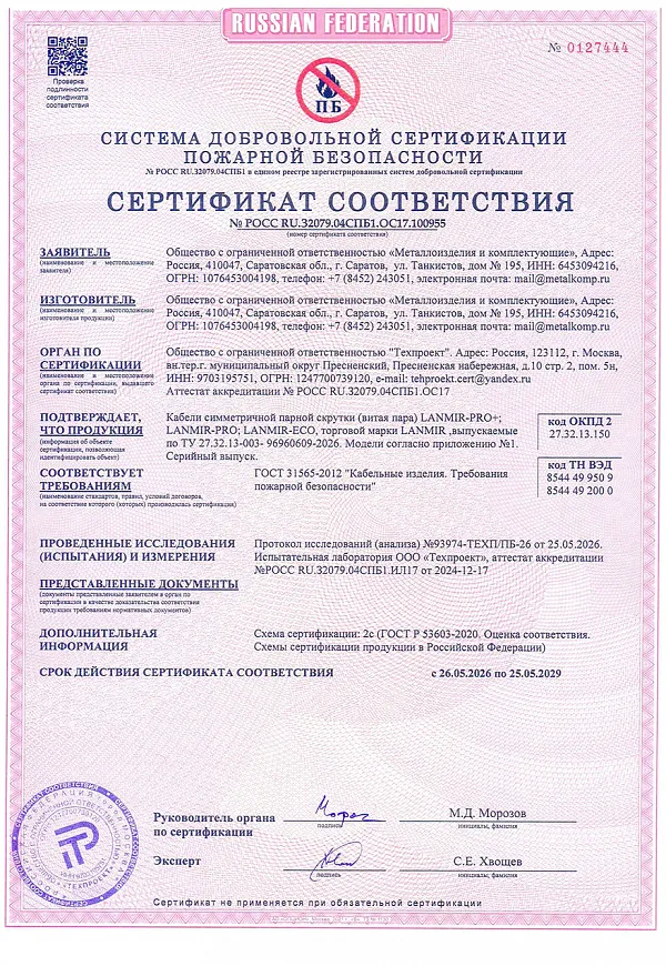 Сертификат соответствия пожарной безопасности Витая пара LANMIR